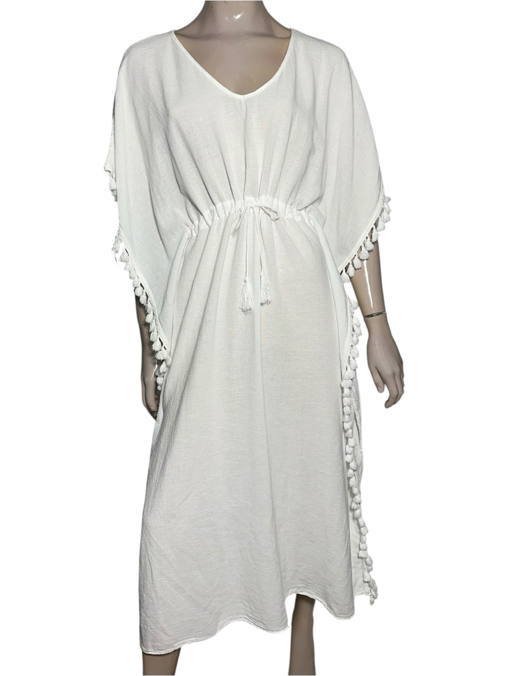 Seaspice Women’s Size L White Lucia Tassel Trim Midi Cotton Swim Coverup Kaftan